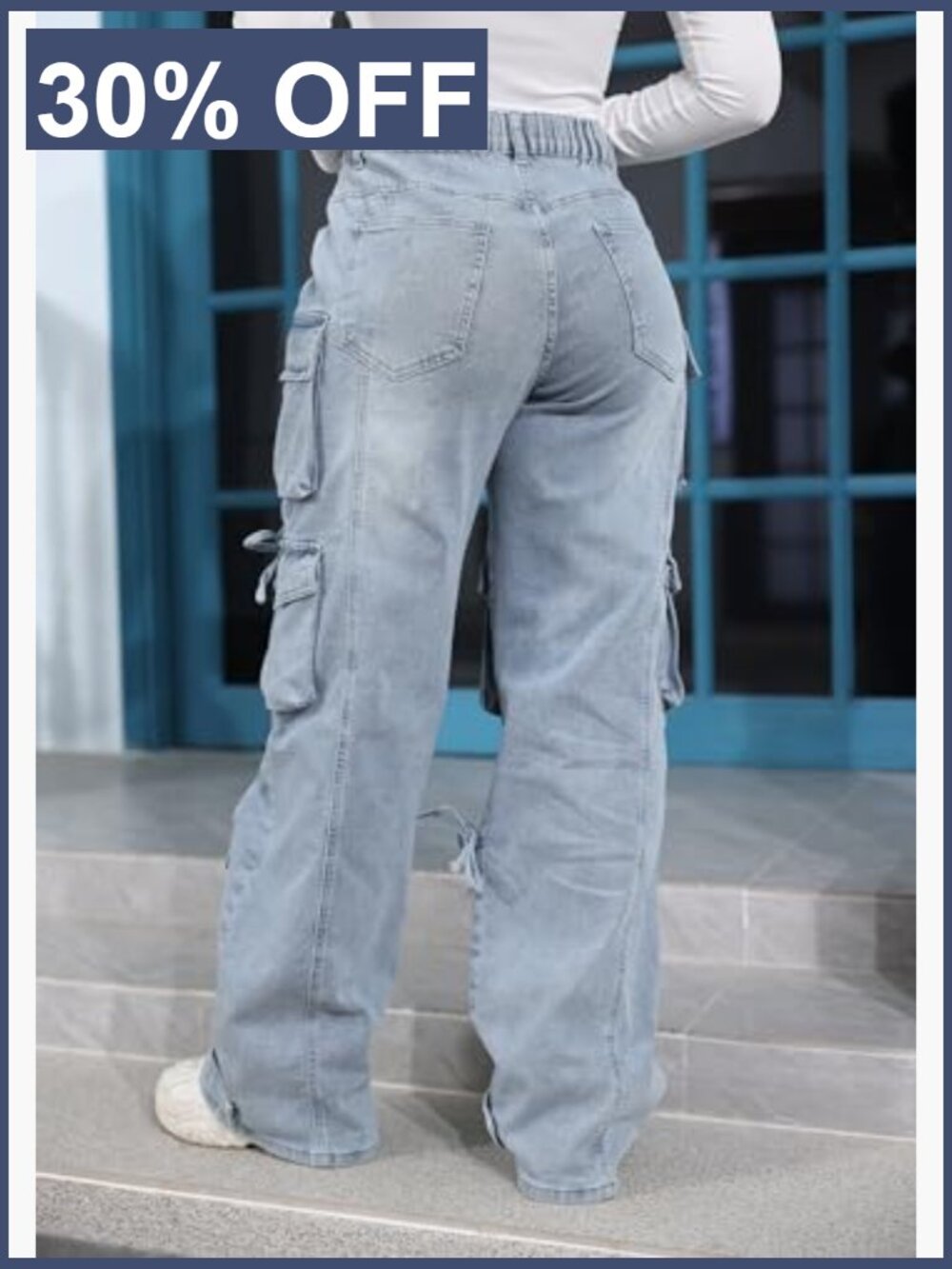Y2K Baggy Cargo Jeans High Waist Wide Leg Streetwear Pants with Pockets - Picture 5 of 7